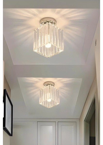 Meriva Model Modern Luxury Plafonyer Oda Hol Antre Koridor Salon Krom Kare Kristal Taşlı Avize