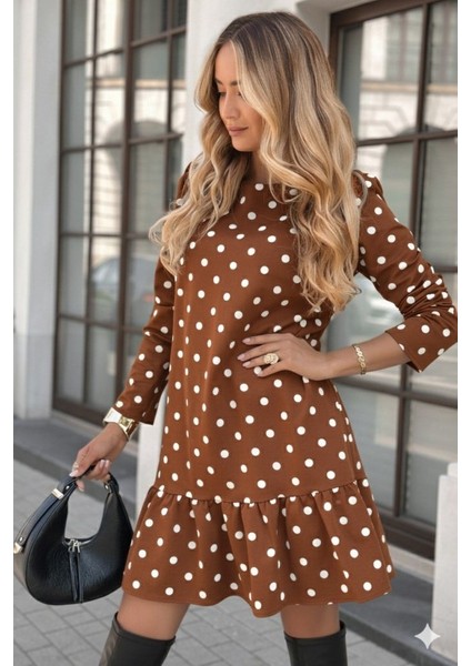 Kadın Uzun Kollu Bisiklet Yaka Fırfırlı Puantiyeli Kısa Modal Elbise indirimleri