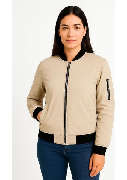 Kadın Bomber Mont Ceket – Fermuarlı, Kapitone Içi Astarlı, Su Itici Kumaş, Regular Fit, Yandan Cepli, Günlük Bahar & Kış Şık Rahat Stil - Bej fırsatları