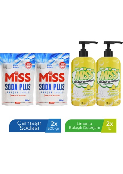 Soda Plus 500 gr x 2 Adet + Miss Bulaşık Deterjanı 1000 ml Limon x 2 Adet