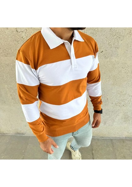 Erkek Polo Yaka Uzun Kollu Çizgili Sweatshirt Trend Rugby Stil - Turuncu modelleri