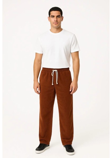Erkek Fitilli Kadife Cepli Buggy Pantolon Oversize Rahat Kalıp - Kahverengi
