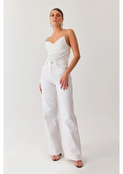 Azur Beyaz Yüksek Bel Salaş Palazzo Geniş Paça Kot Pant. Jean fırsatları