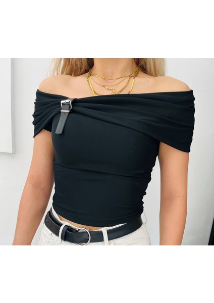 Ottoman Kumaş Kemer Detaylı Slim-Dar Crop /bluz