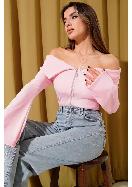 Omzu Açık Fermuarlı Bluz Pembe T4330 modelleri