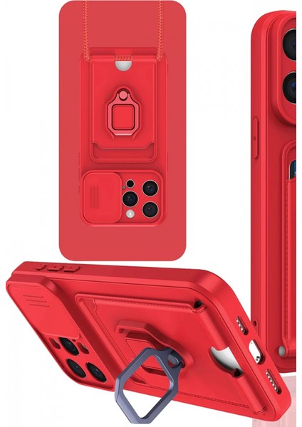 iPhone 15 Pro Max Kılıf Zuma Kartvizitli Yüzüklü Silikon - Kırmızı (K95)