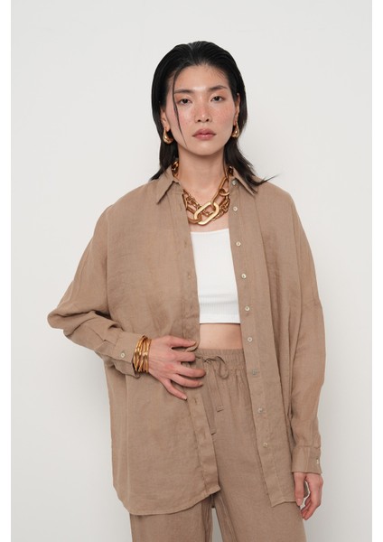 Kadın %100 Keten Yarasa Kol Düz Oversize Gömlek