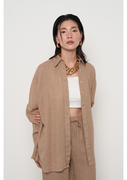 Kadın %100 Keten Yarasa Kol Düz Oversize Gömlek fiyatları