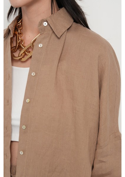 Kadın %100 Keten Yarasa Kol Düz Oversize Gömlek modelleri