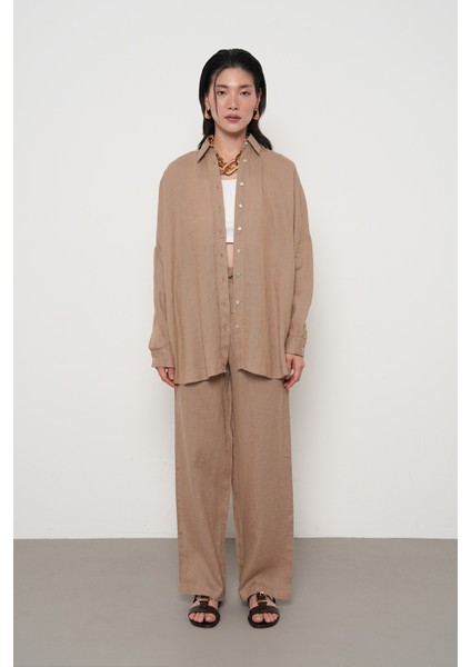 Kadın %100 Keten Yarasa Kol Düz Oversize Gömlek fırsatları