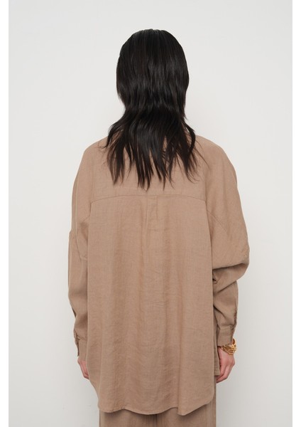 Kadın %100 Keten Yarasa Kol Düz Oversize Gömlek indirimleri