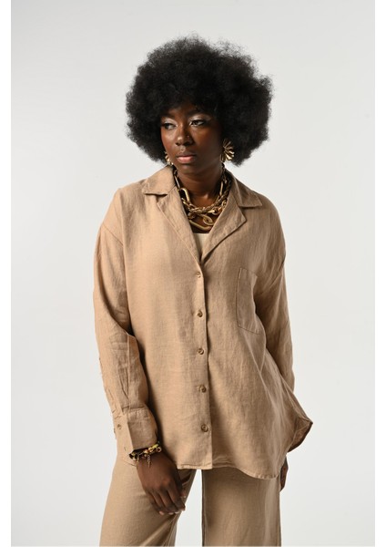 Kadın Karamel Rengi %100 Keten Tek Cepli Uzun Kollu Gömlek
