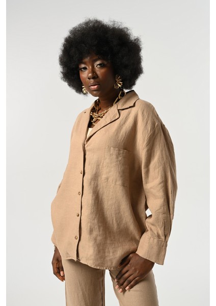 Kadın Karamel Rengi %100 Keten Tek Cepli Uzun Kollu Gömlek fiyatları