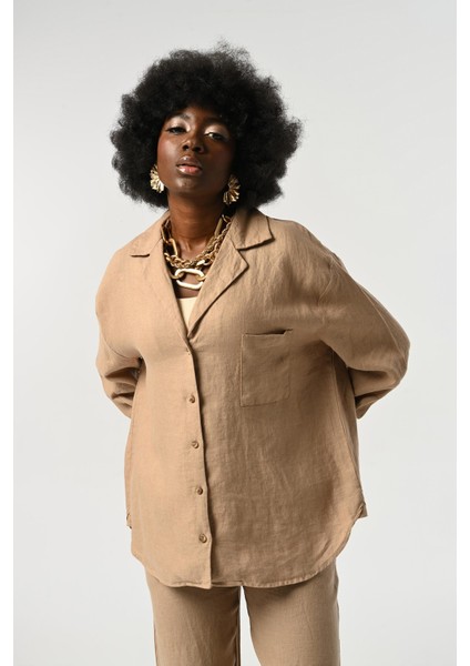 Kadın Karamel Rengi %100 Keten Tek Cepli Uzun Kollu Gömlek modelleri