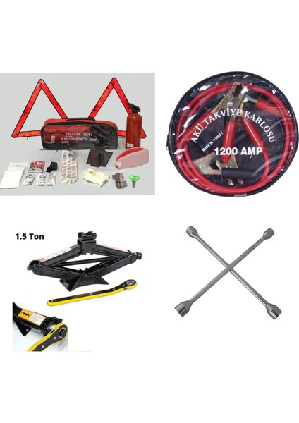 Dörtlü Ürün Trafik Seti+Çantalı Akü Takviye Kablosu+Kriko+Bijon Anahtarı
