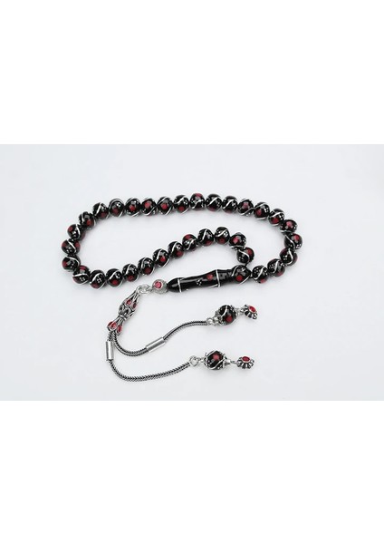 Oltu Taşı Küre Model Üçlü Çeşmi Bülbül Kırmızı Işlemeli Bürokrat Boy Tespih