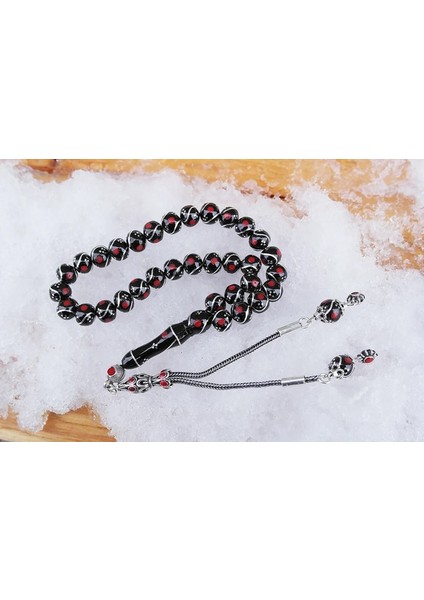 Oltu Taşı Küre Model Üçlü Çeşmi Bülbül Kırmızı Işlemeli Bürokrat Boy Tespih