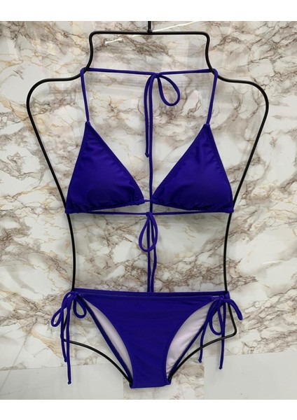 Kadın Likralı Yandan Boyundan Bağlamalı Şık Ipli Üçgen Bikini Takım