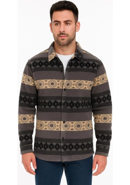 Erkek Desenli Polar Gömlek – Etnik Şerit Desen Yakalı, Uzun Kollu, Düğmeli, Oversize Rahat Kalıp - Füme