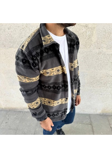 Erkek Desenli Polar Gömlek – Etnik Şerit Desen Yakalı, Uzun Kollu, Düğmeli, Oversize Rahat Kalıp - Füme fiyatları