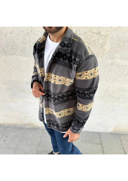 Erkek Desenli Polar Gömlek – Etnik Şerit Desen Yakalı, Uzun Kollu, Düğmeli, Oversize Rahat Kalıp - Füme modelleri