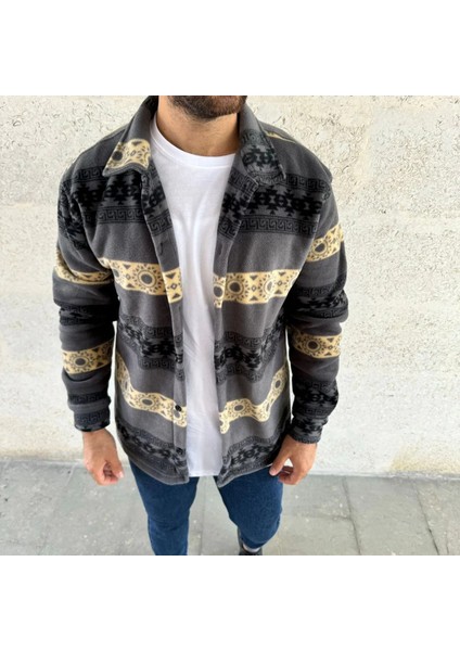 Erkek Desenli Polar Gömlek – Etnik Şerit Desen Yakalı, Uzun Kollu, Düğmeli, Oversize Rahat Kalıp - Füme fırsatları
