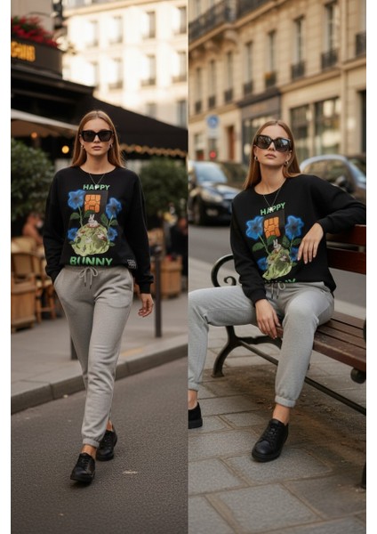Happy Bunny Baskılı %100 Pamuk 3 Iplik Şardonsuz Sweatshirt - Bisiklet Yaka Basic Üst