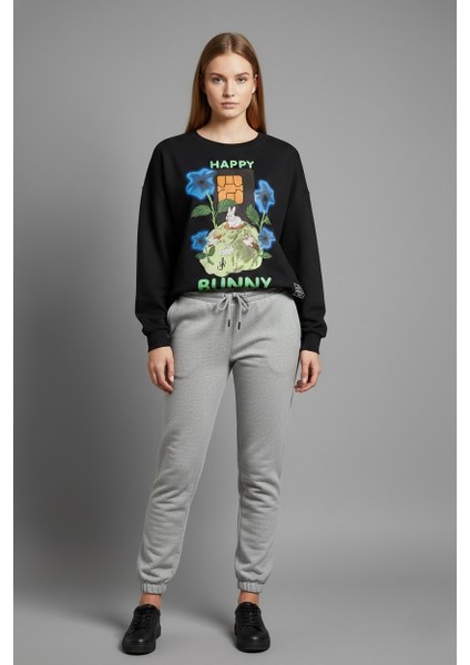 Happy Bunny Baskılı %100 Pamuk 3 Iplik Şardonsuz Sweatshirt - Bisiklet Yaka Basic Üst fiyatları