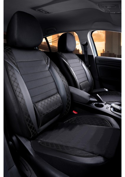 Fiat Punto Uyumlu Lüks Yarı Deri Bel Destekli Oto Koltuk Kılıfı Vera Series Siyah Renk