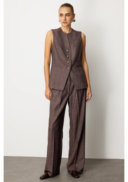 Kadın Ekoseli Bol Paça Pantolon 5167 Bordo