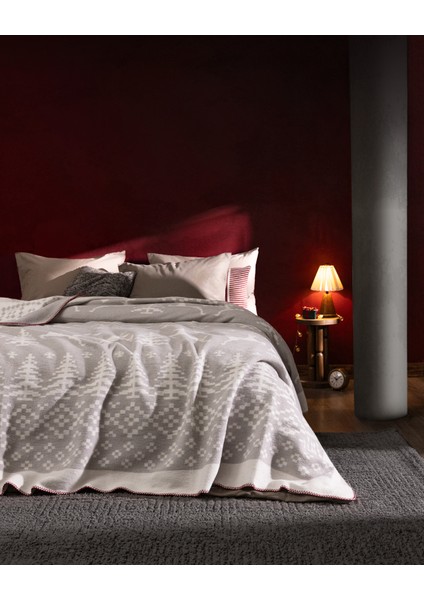 Dornez Çift Kişilik Jakarlı Pamuklu Battaniye - Gri/beyaz