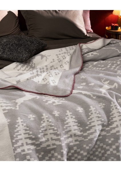 Dornez Çift Kişilik Jakarlı Pamuklu Battaniye - Gri/beyaz