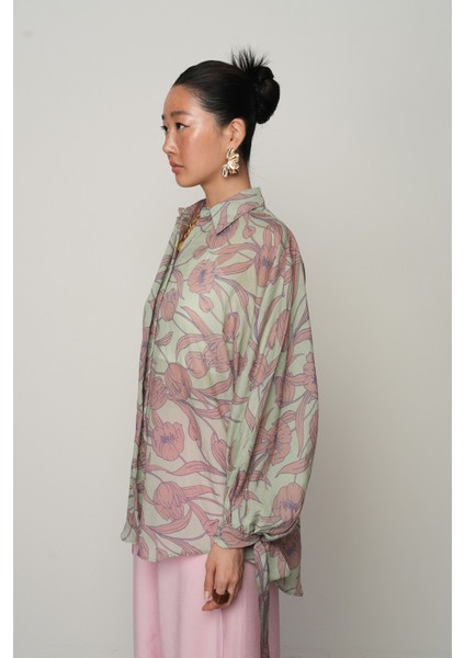 Kadın Kolları Bağlamalı Mint Renk Çiçek Desenli Oversize Gömlek fiyatları
