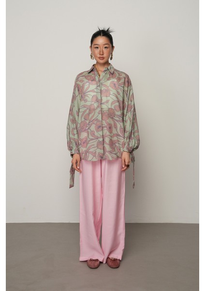 Kadın Kolları Bağlamalı Mint Renk Çiçek Desenli Oversize Gömlek fırsatları