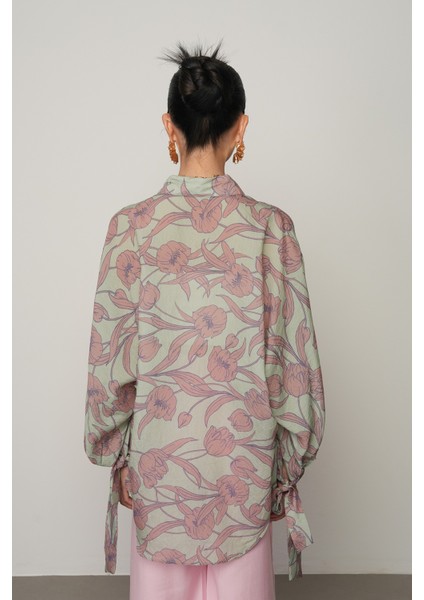 Kadın Kolları Bağlamalı Mint Renk Çiçek Desenli Oversize Gömlek indirimleri