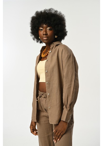 Kadın Vizon Rengi Kolları ve Yanları Düğme Detaylı Keten Gömlek