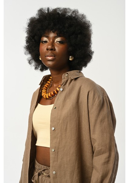 Kadın Vizon Rengi Kolları ve Yanları Düğme Detaylı Keten Gömlek fiyatları