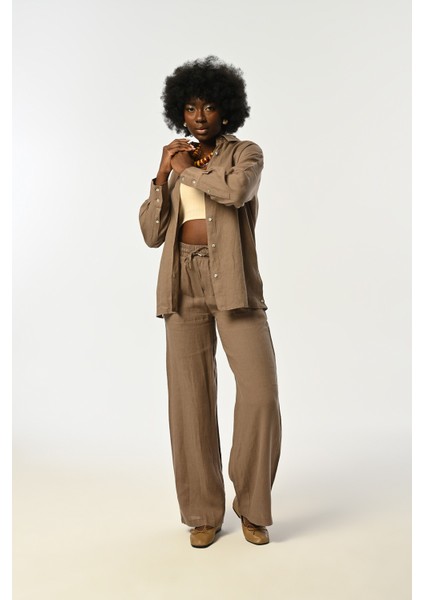 Kadın Vizon Rengi Kolları ve Yanları Düğme Detaylı Keten Gömlek modelleri