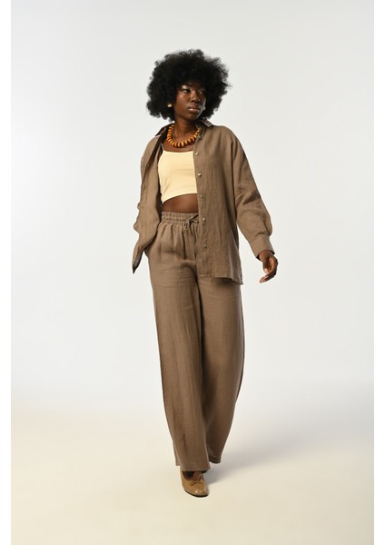 Kadın Vizon Rengi Kolları ve Yanları Düğme Detaylı Keten Gömlek fırsatları