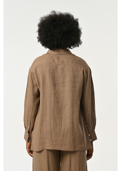 Kadın Vizon Rengi Kolları ve Yanları Düğme Detaylı Keten Gömlek indirimleri