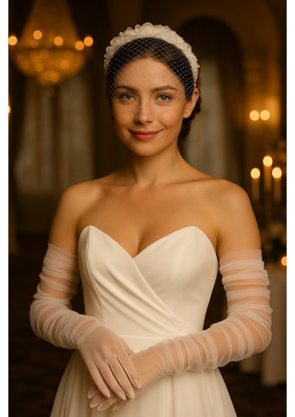 Uzun Beyaz Tül Gelinlik Eldiveni Nikah Eldiveni İmza Eldiveni Parti Eldiveni 6021