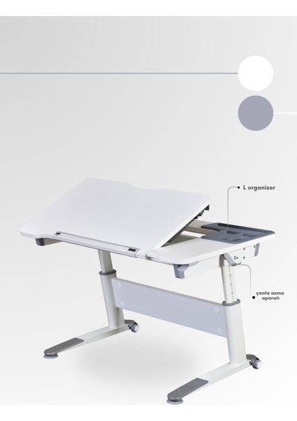 Sirius Simple Okul Çalışma Masası, Yüksekliği Ayarlanabilir Montessori Uyumlu Çocuk Masası - 120x75 Cm, Beyaz/Gri fırsatları