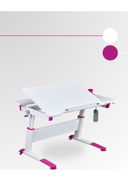 Sirius Simple Kız Çocuk Çalışma Masası, Eğimli Yükselebilir Çalışma Masası - 120x75 Cm, Beyaz/Fuşya