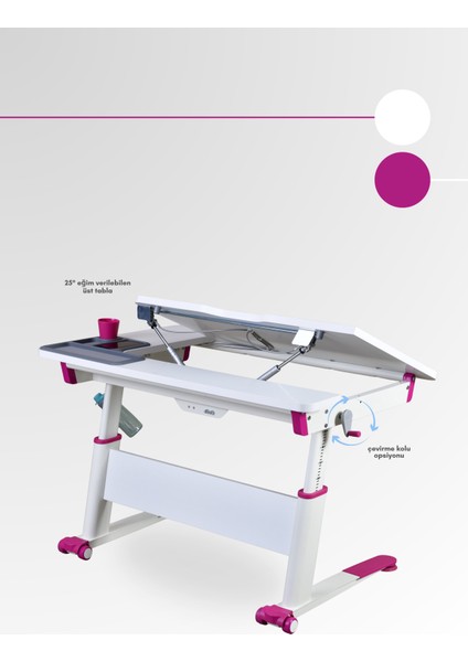 Sirius Simple Kız Çocuk Çalışma Masası, Eğimli Yükselebilir Çalışma Masası - 120x75 Cm, Beyaz/Fuşya