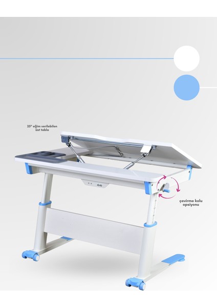Sirius Simple Erkek Çocuk Çalışma Masası Yükseklik Ayarlı Eğimli Ders Çalışma Masası - 120x75 Cm, Beyaz/Mavi