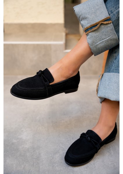 Onapy Siyah Süet Düz Taban Düğüm Detaylı Ayakkabı modelleri