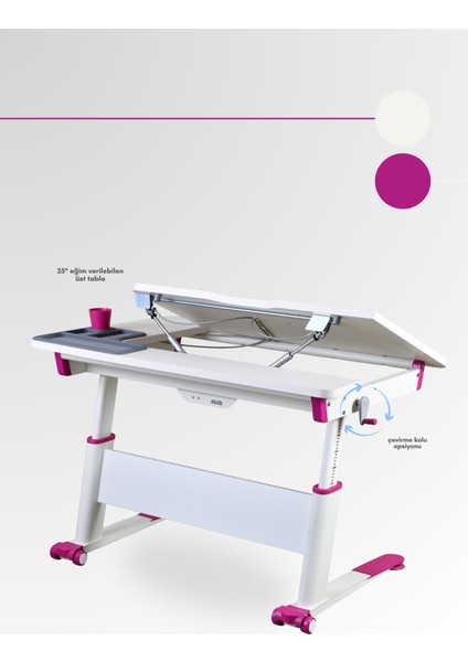 Sirius Simple Çocuk Odası Masası Yükseklik ve Eğim Ayarlı Çalışma Masası - Ekru/Fuşya - 120x75 Cm