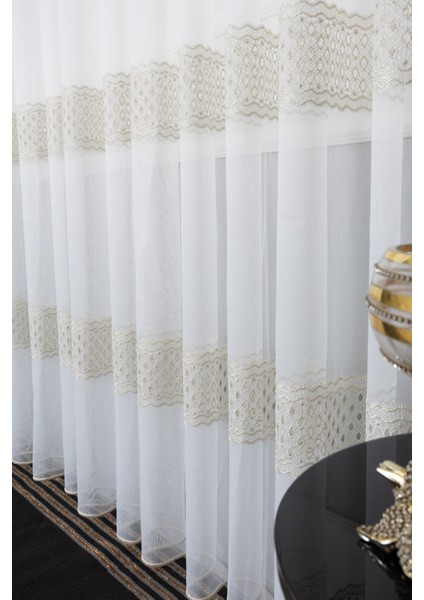 Neptün Gold Işlemeli 1/2 Orta Pileli Ütü Istemez Kırışmaz Yeni Sezon Salon Oda Tül Perdesi