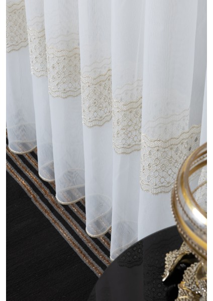 Neptün Gold Işlemeli 1/2 Orta Pileli Ütü Istemez Kırışmaz Yeni Sezon Salon Oda Tül Perdesi fırsatları