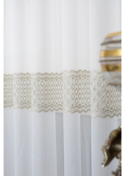 Neptün Gold Işlemeli 1/2 Orta Pileli Ütü Istemez Kırışmaz Yeni Sezon Salon Oda Tül Perdesi